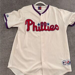 Majestic Cream Baseball Jersey with Red & Blue Trim Phillies Vintage Utley